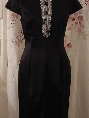 VINTAGE Chetta B Black Midi Dress with Beaded Plunging Neckline